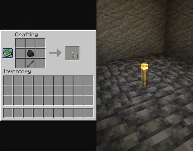 Torch recipe and a torch in a dark room.