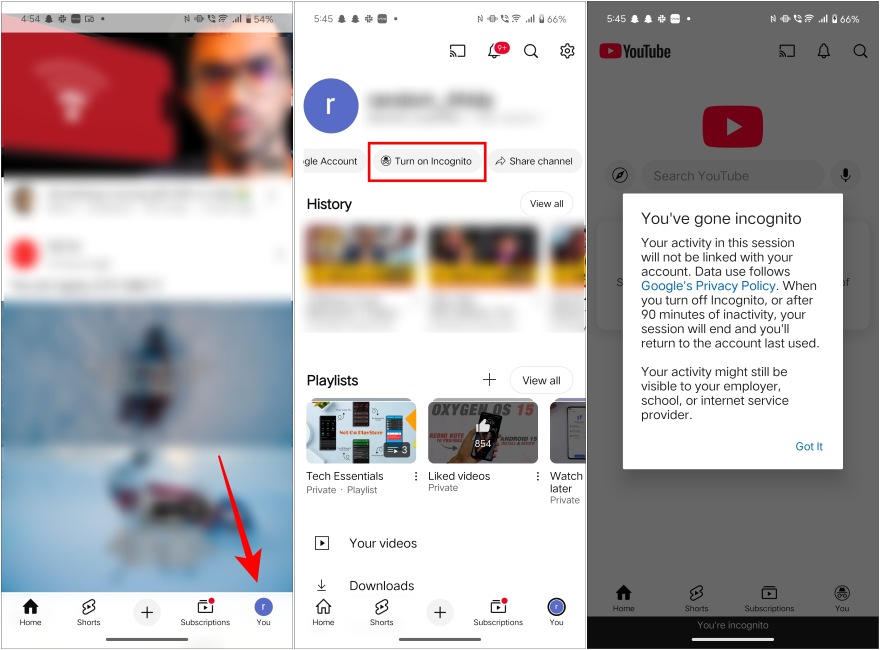 Turn On Incognito Mode on YouTube App