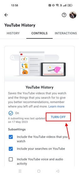 Turn off YouTube History saving feature on app