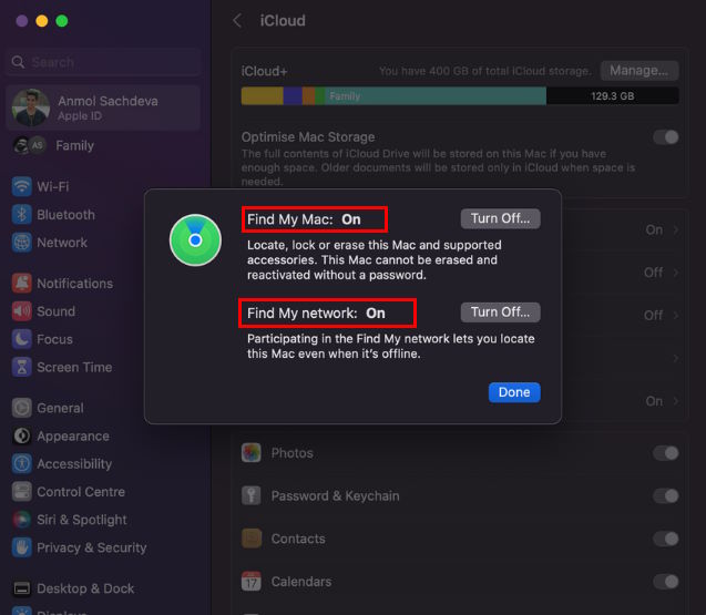 Turn on Find My Network on MacBook