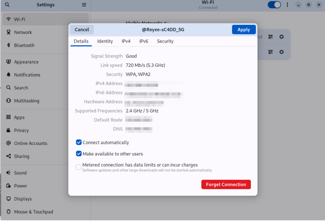 Wi-Fi settings IPv4 info