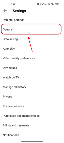 General tab YouTube Mobile app settings