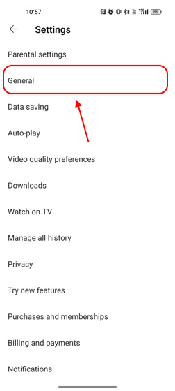 Einstellungen der YouTube Mobile-App auf der Registerkarte „Allgemein“.