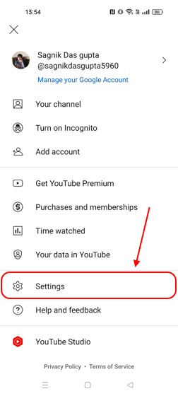 Settings tab YouTube Mobile