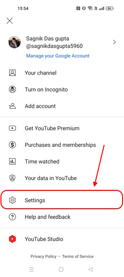 Registerkarte „Einstellungen“ YouTube Mobile