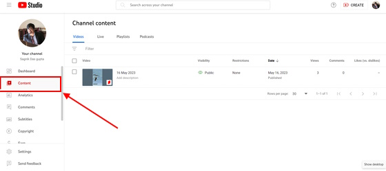 Go to Content on YouTube Studio PC version