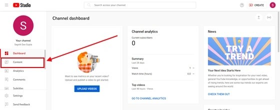 Content section YouTube Studio PC version