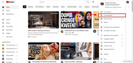Selecting YouTube Studios is the next step