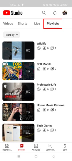 Playlists section YouTube Studio Mobile