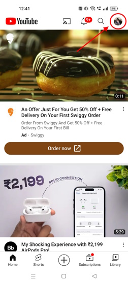 Where is the profile icon on YouTube app