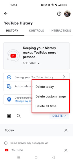 Delete today, make a custom range or delete all time YouTube watch history on app