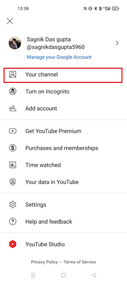 Your channel option on YouTube mobile app