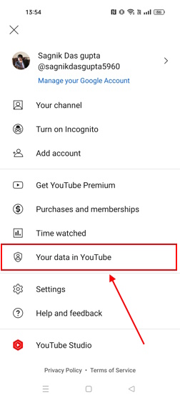 Your data in YouTube section on Mobile