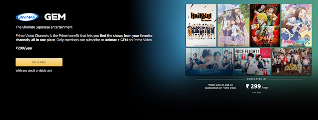 An image of Animax + GEM in Prime Video India.