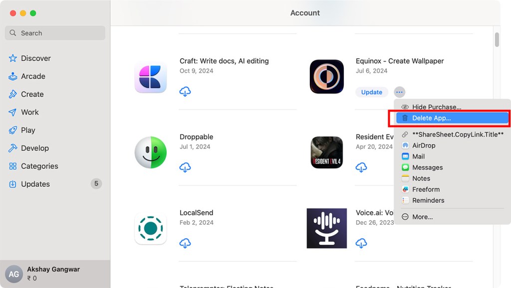 delete app from the App Store on Mac