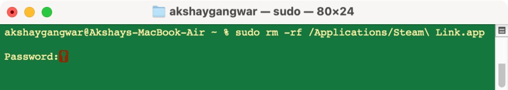 enter password for sudo command to uninstall app using Mac terminal