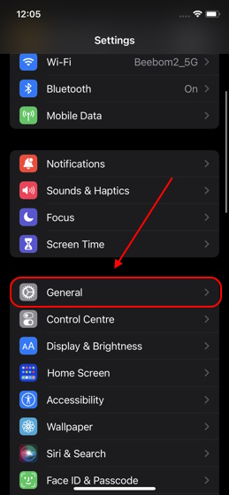 General tab in iPhone settings