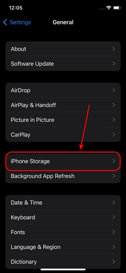 iPhone Storage option iOS