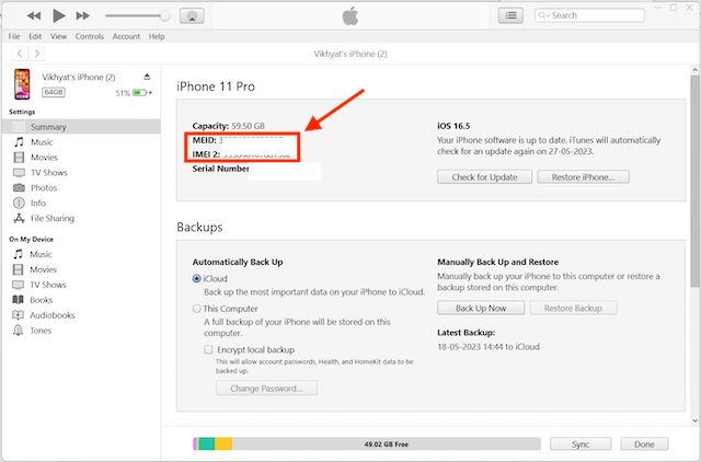 iPhone IMEI via iTunes