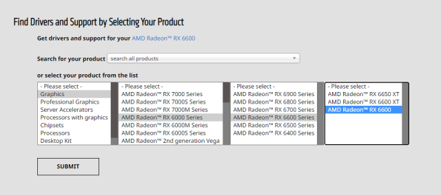 AMD radeon driver download page