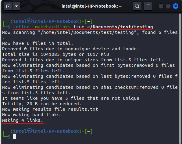 using rdfind command to make the duplicate files as hard links