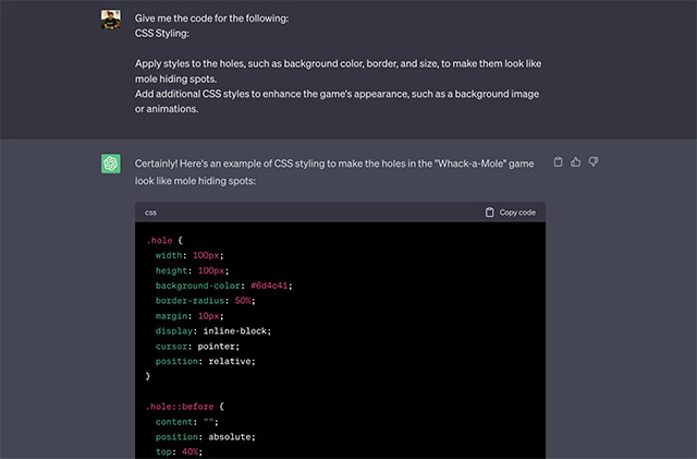 making games with ai asking for the css styling code
