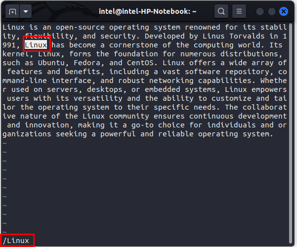 the first occurrence of the search text is highlighted in vim