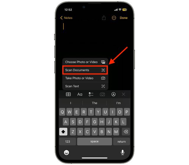 Digitalize documentos no iPhone a partir do aplicativo de notas