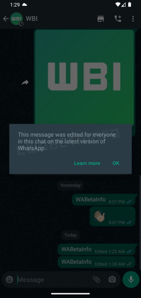 WhatsApp edit messages pop up