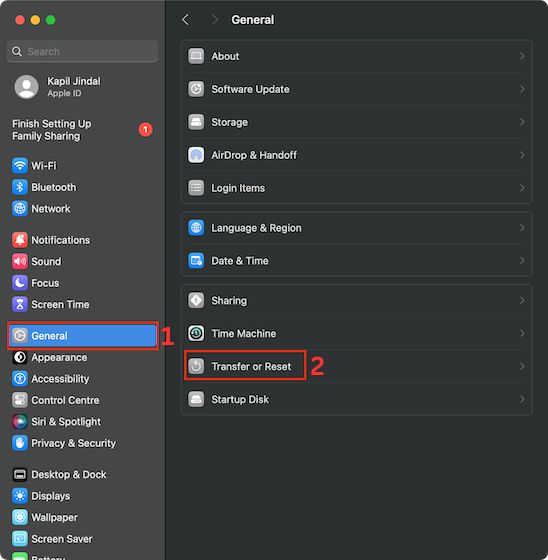 transfer or reset Mac from Settings app