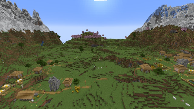 Villages d'une grande vallée entourés de biomes de montagne et de biomes Cherry Grove dans Minecraft 1.20