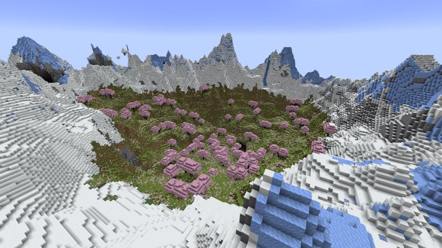 Cherry Grove Valley omgiven av en massiv bergskedja, fantastisk Minecraft 1.20 frö