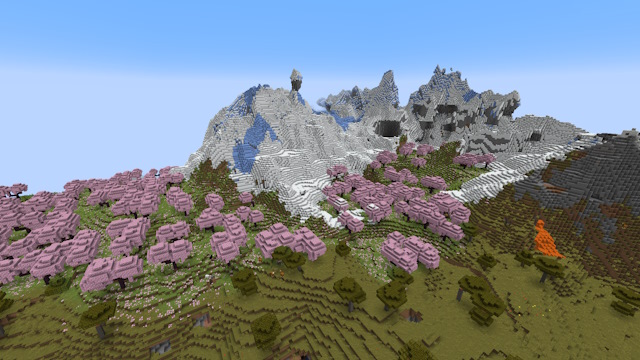 Cherry Grove Biome, amelyet havas hegyek vesznek körül - Minecraft 1,20 mag