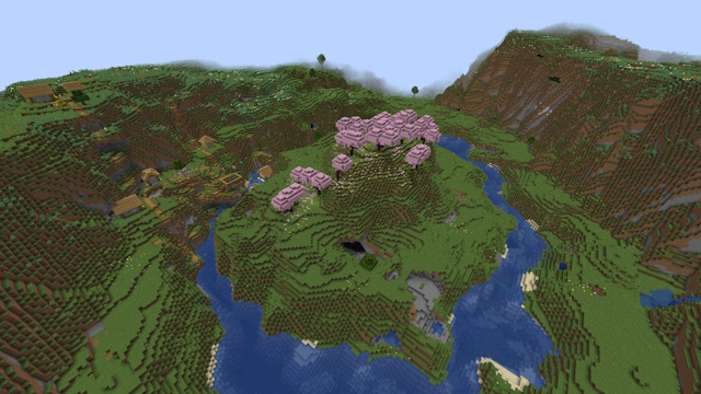 Cherry grove island and a village nearby - minecraft 1.20 seed