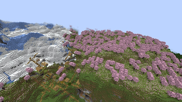Big cherry grove biome next to a big mountain range, a gorgeous 1.20 Minecraft seed