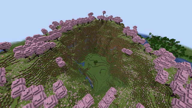 Plains valley surrounded by cherry grove hills - minecraft 1.20 seed