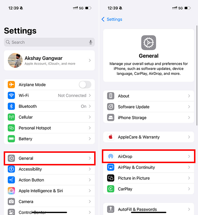 Screenshot showing the steps to access AirDrop settings on an iPhone