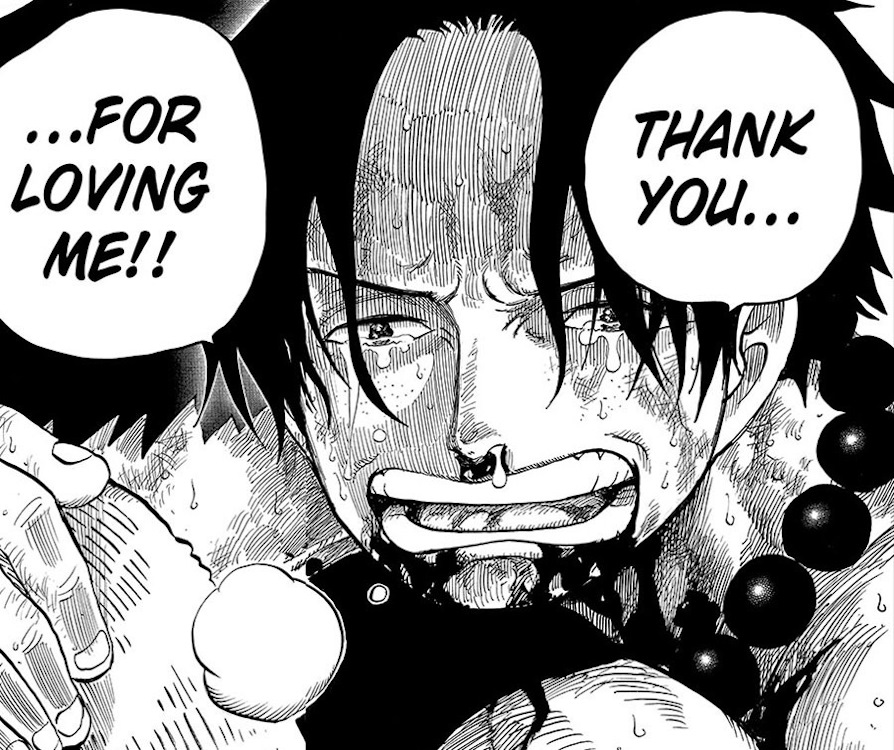 Ace hugging Luffy before his death in manga.