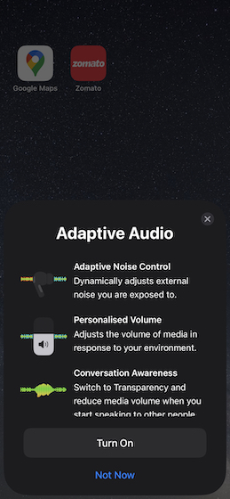 AirPods Pro, Adaptive Audio. Now playing.