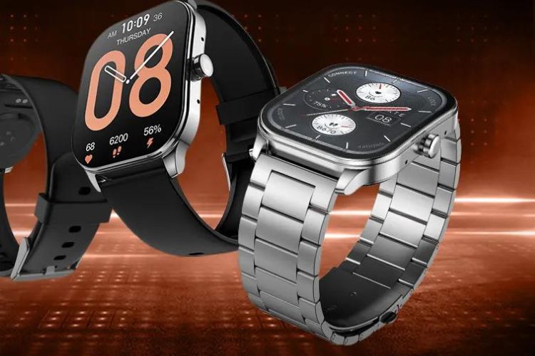 Amazfit Pop 3S smartwatch showcased in black and gray color options with a brown background
