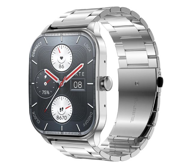 Amazfit Pop 3S smartwatch with metallic link band in steel color presented with a white background