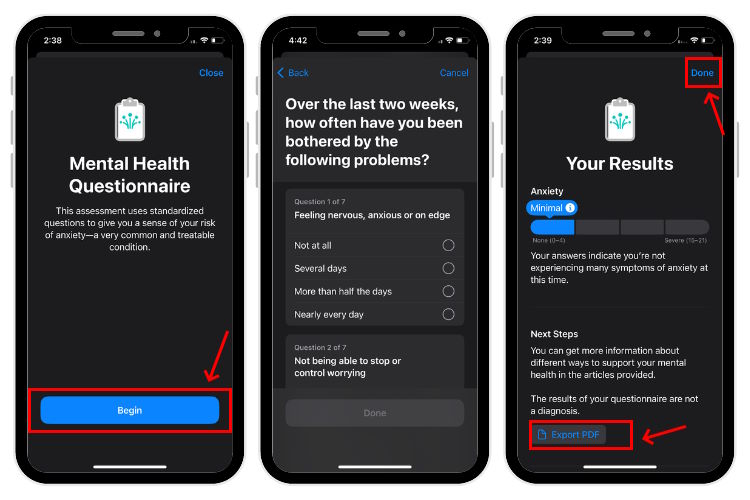 Export Anxiety Risk Questionnaire in Health app on iPhone