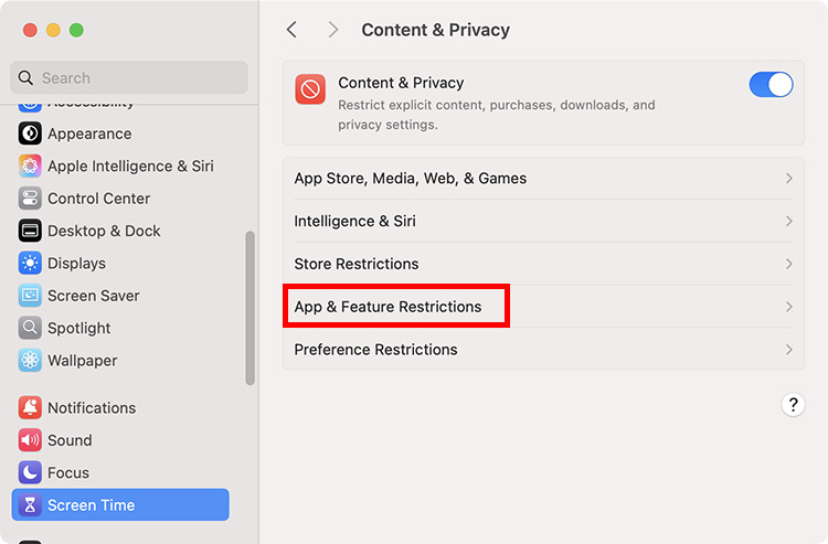 App and Feature restrictions settings on Mac