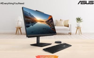 Asus AIO A5 desktop in black color option showcased with a white and beige background