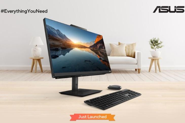 Asus AIO A5 desktop in black color option showcased with a white and beige background