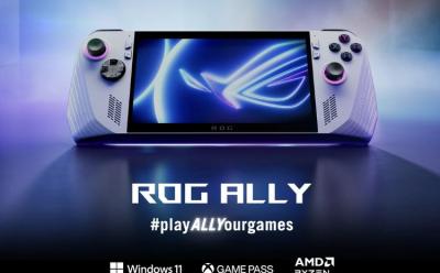 Asus Rog Ally handheld device placed in a neon blue background