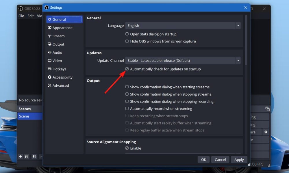 OBS general settings and automatically check for updates option
