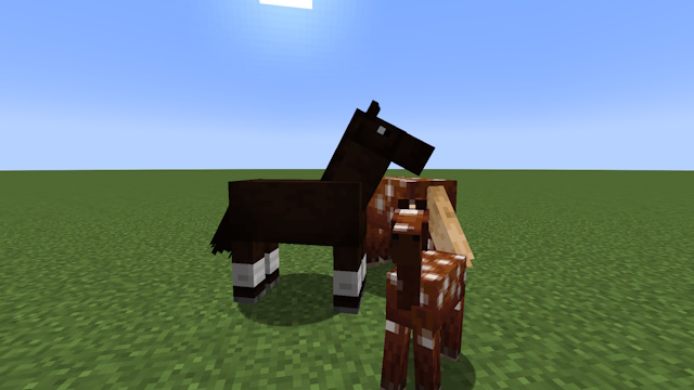 Two horse breeding producing a horse foal in Minecraft