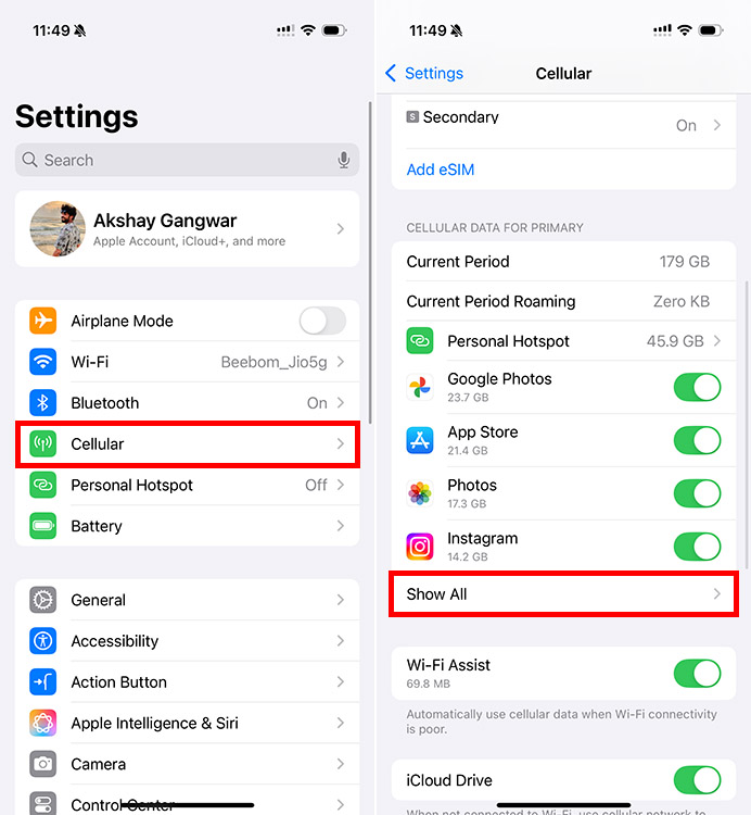 Cellular data settings page on iPhone