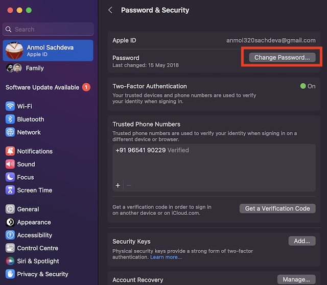 Change Password option in Mac system settings